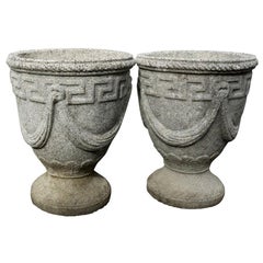 Antique Pair of Cast Stone Greek Key and Swag Relief Urns