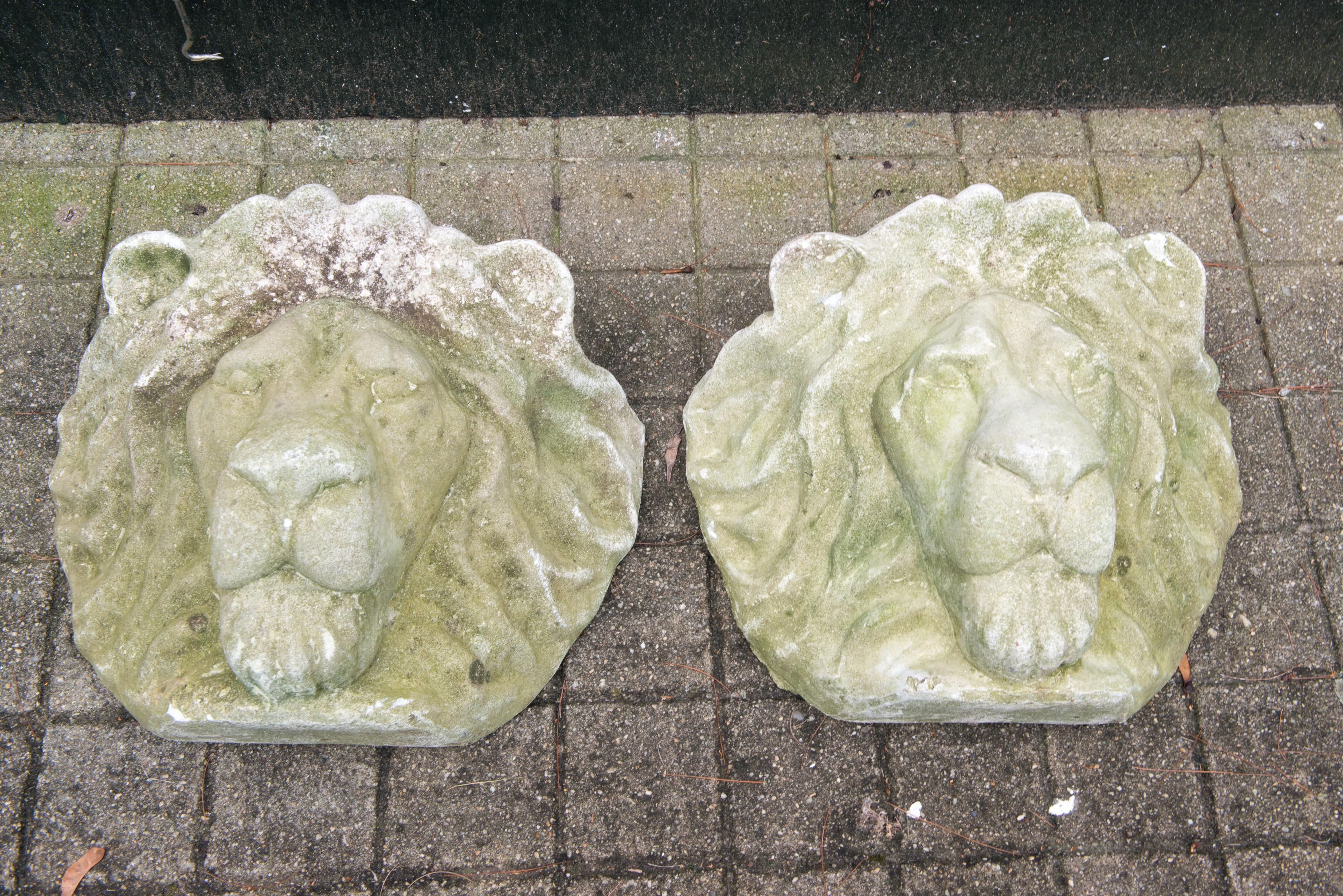 Cement Pair of Cast Stone Lion Head Wall Planters