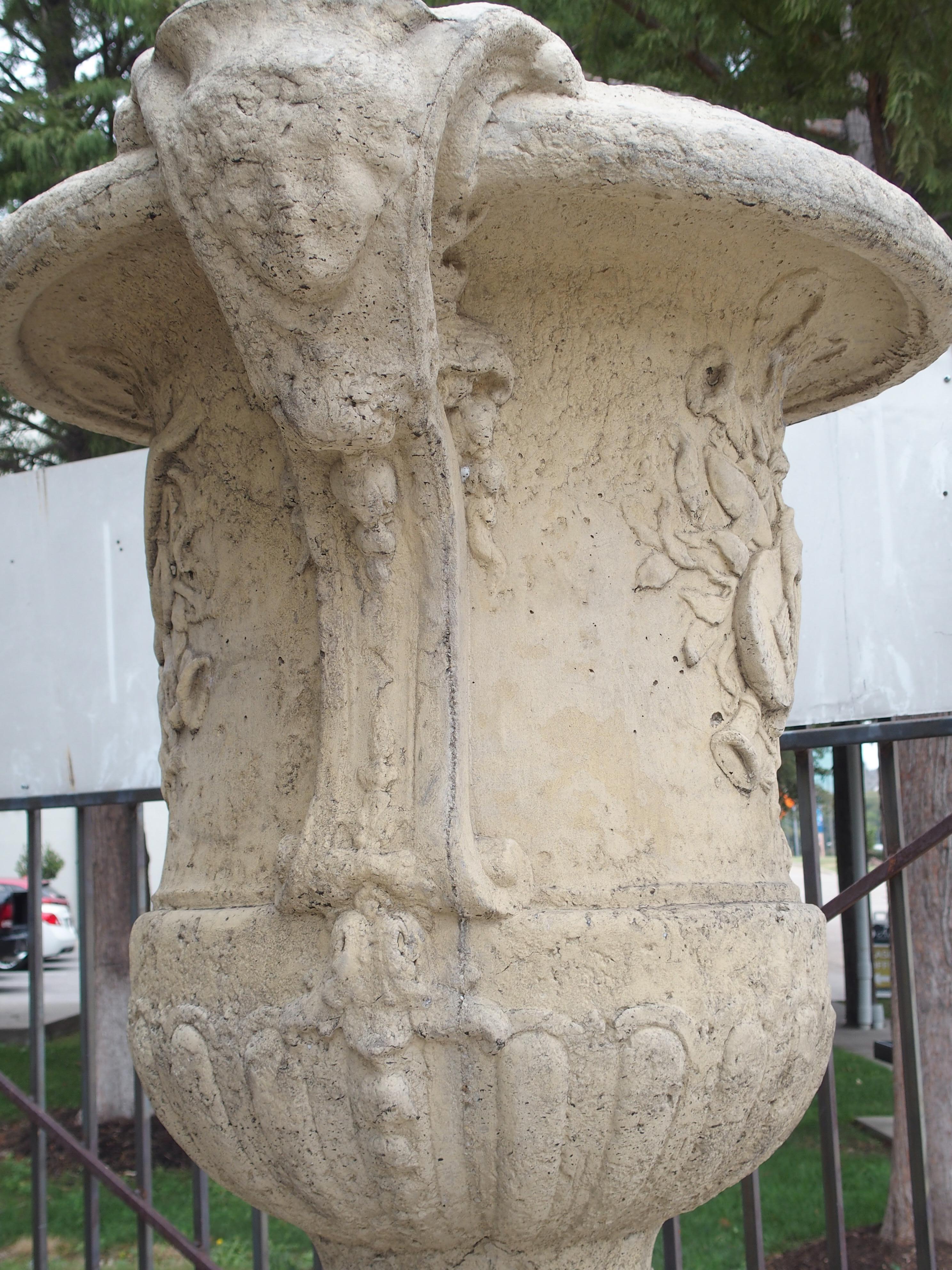 Pair of Cast Stone Musical Trophy Vases on Pedestals from France 6