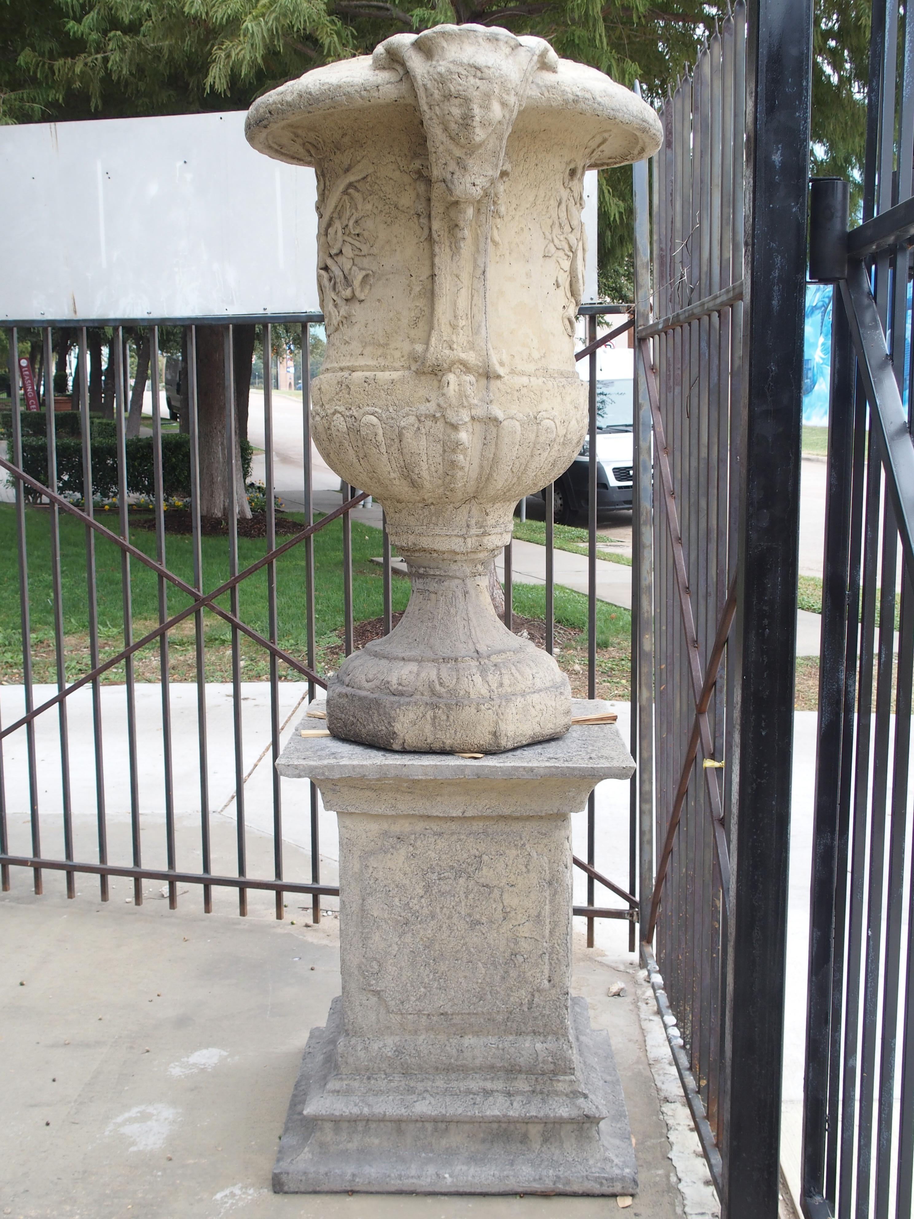 French Pair of Cast Stone Musical Trophy Vases on Pedestals from France