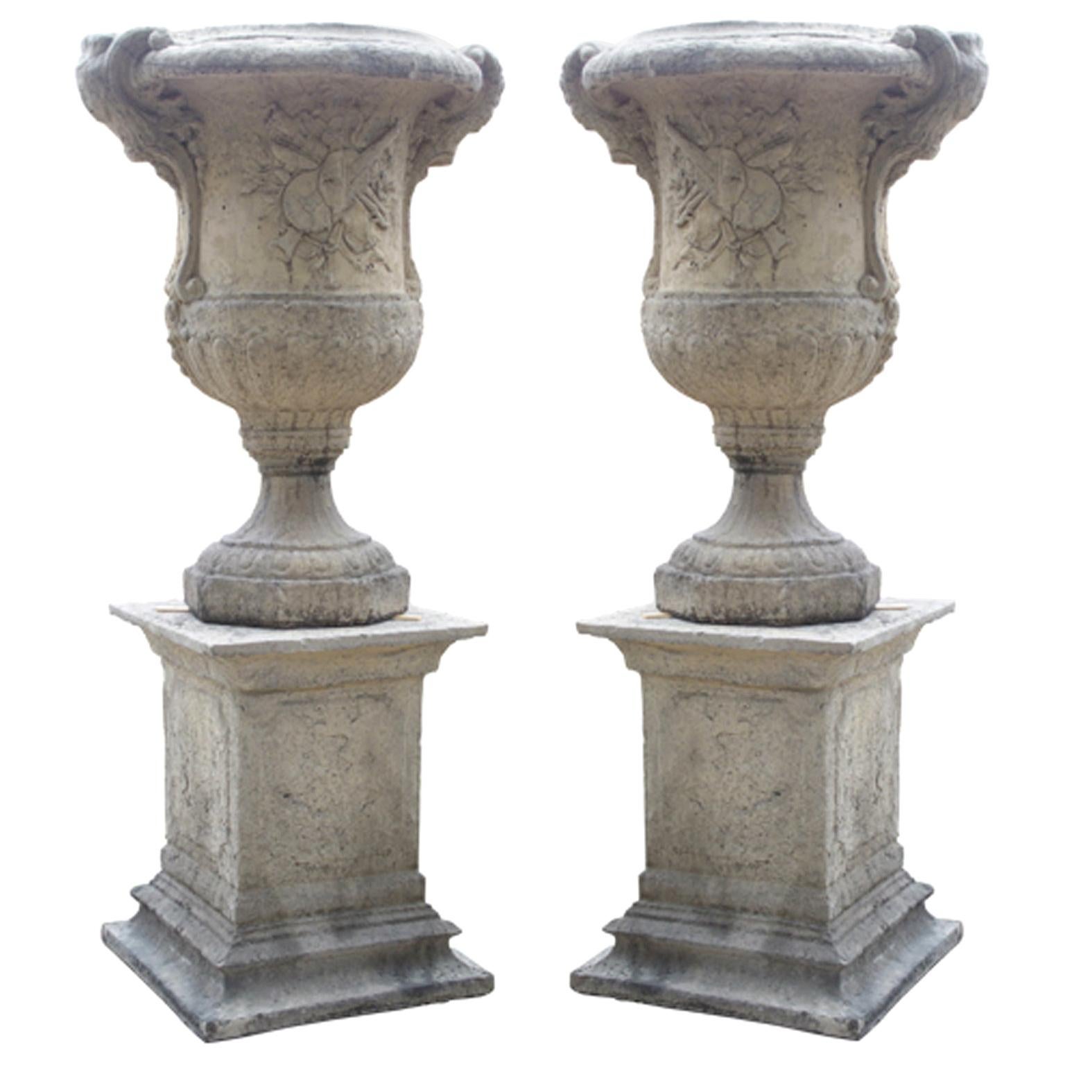Pair of Cast Stone Musical Trophy Vases on Pedestals from France