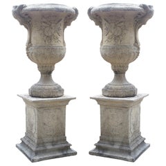Pair of Cast Stone Musical Trophy Vases on Pedestals from France
