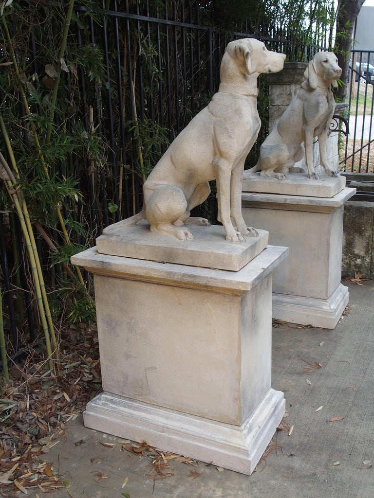 Pair of Cast Stone Pointers on Pedestals at 1stDibs