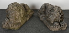 Pair of Cast Stone Recumbent Lions, 1960s