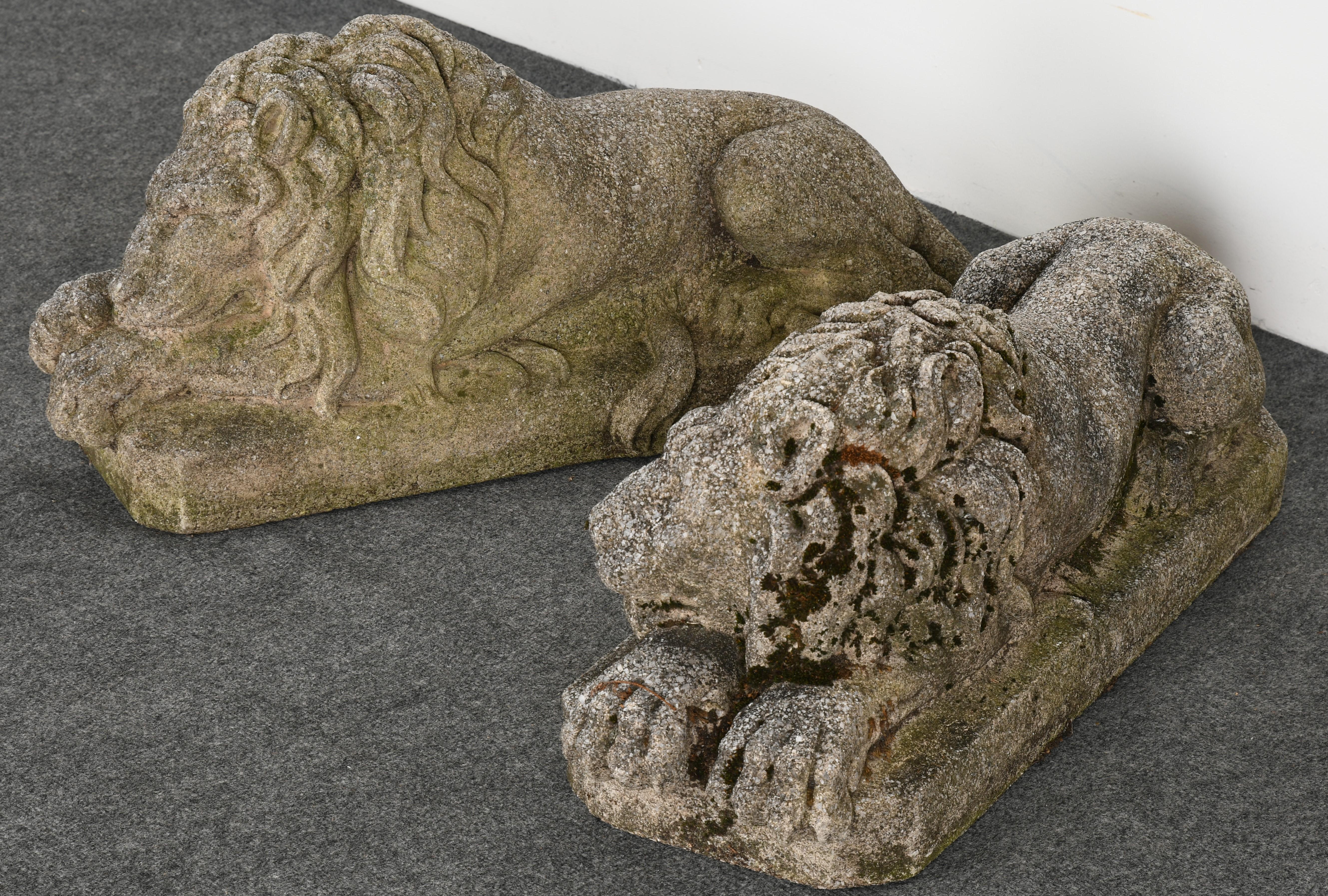 American Classical Pair of Cast Stone Recumbent Lions, 1960s