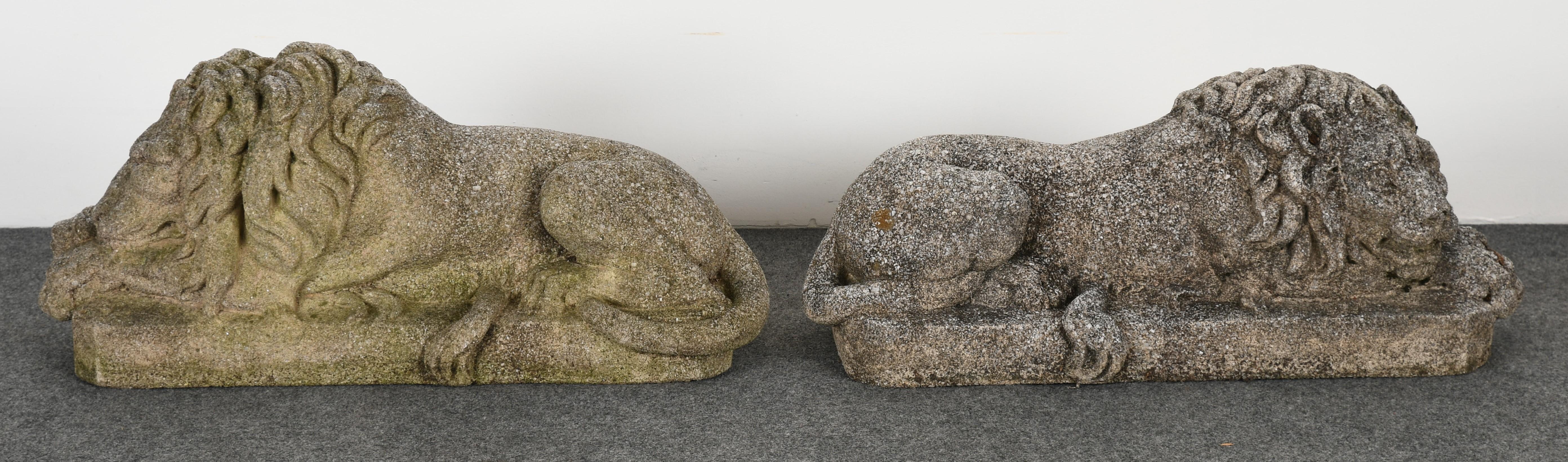 Mid-20th Century Pair of Cast Stone Recumbent Lions, 1960s