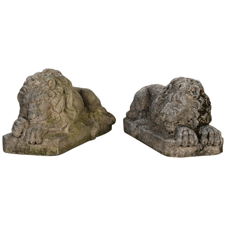Pair of Cast Stone Recumbent Lions, 1960s at 1stDibs