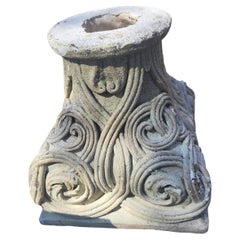 Pair of Cast Stone + Seashell Garden Ornaments Roman Column Capitals Low Tables
