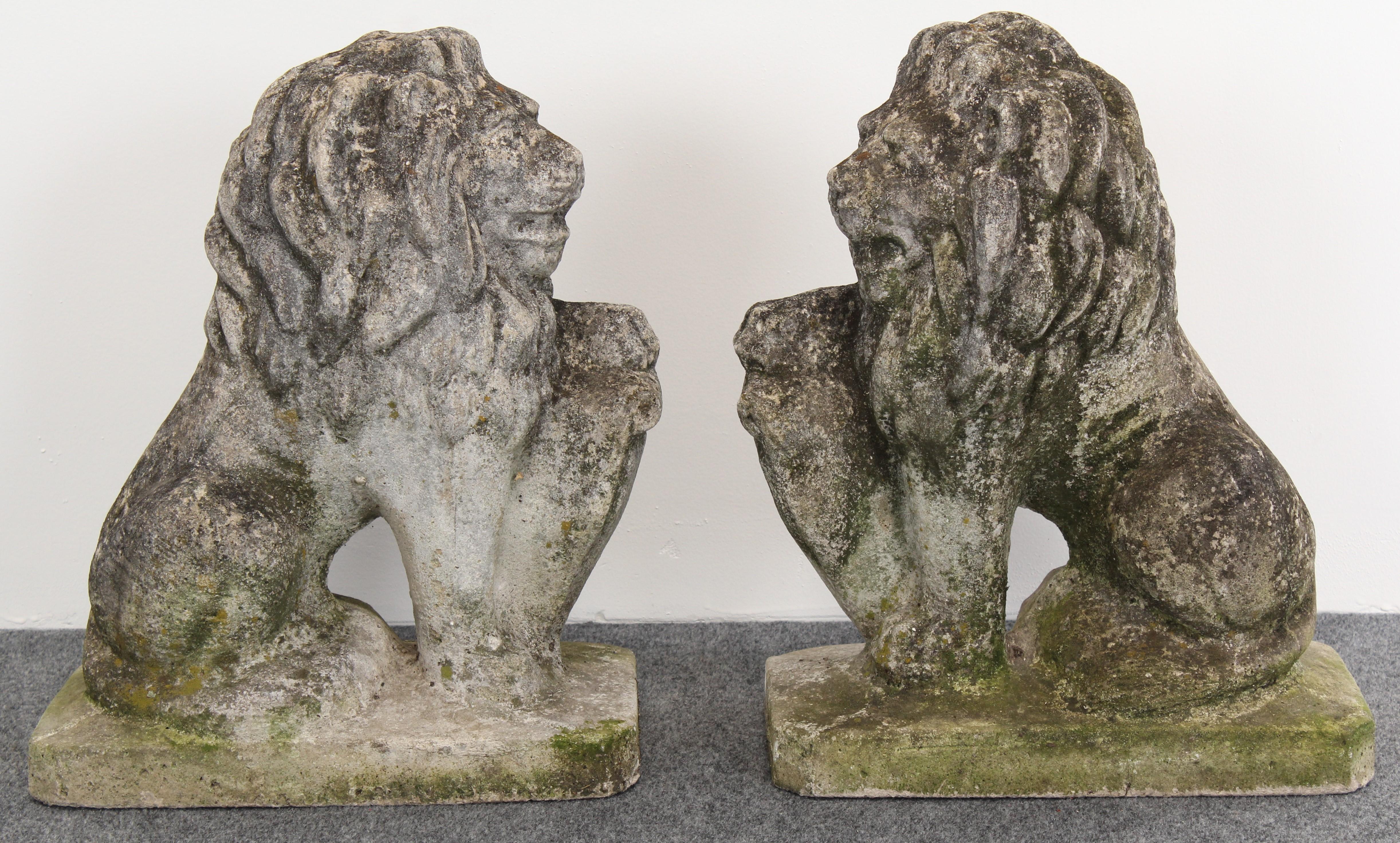 American Pair of Cast Stone Seated Lion Garden Statues, 1950s