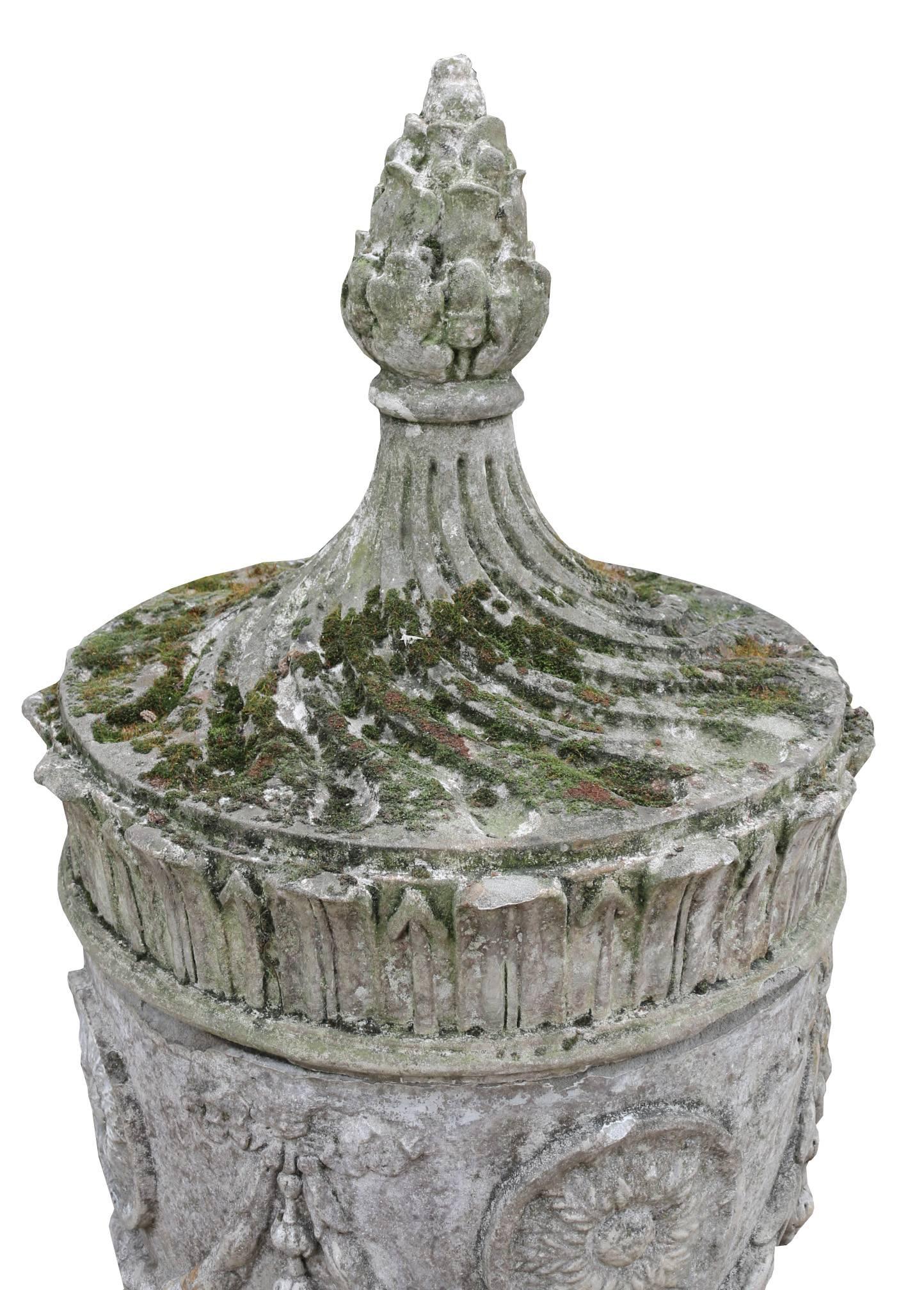 English Pair of Cast Stone Urn Finials Made to a “Coade” Design