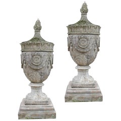 Antique Pair of Cast Stone Urn Finials Made to a “Coade” Design