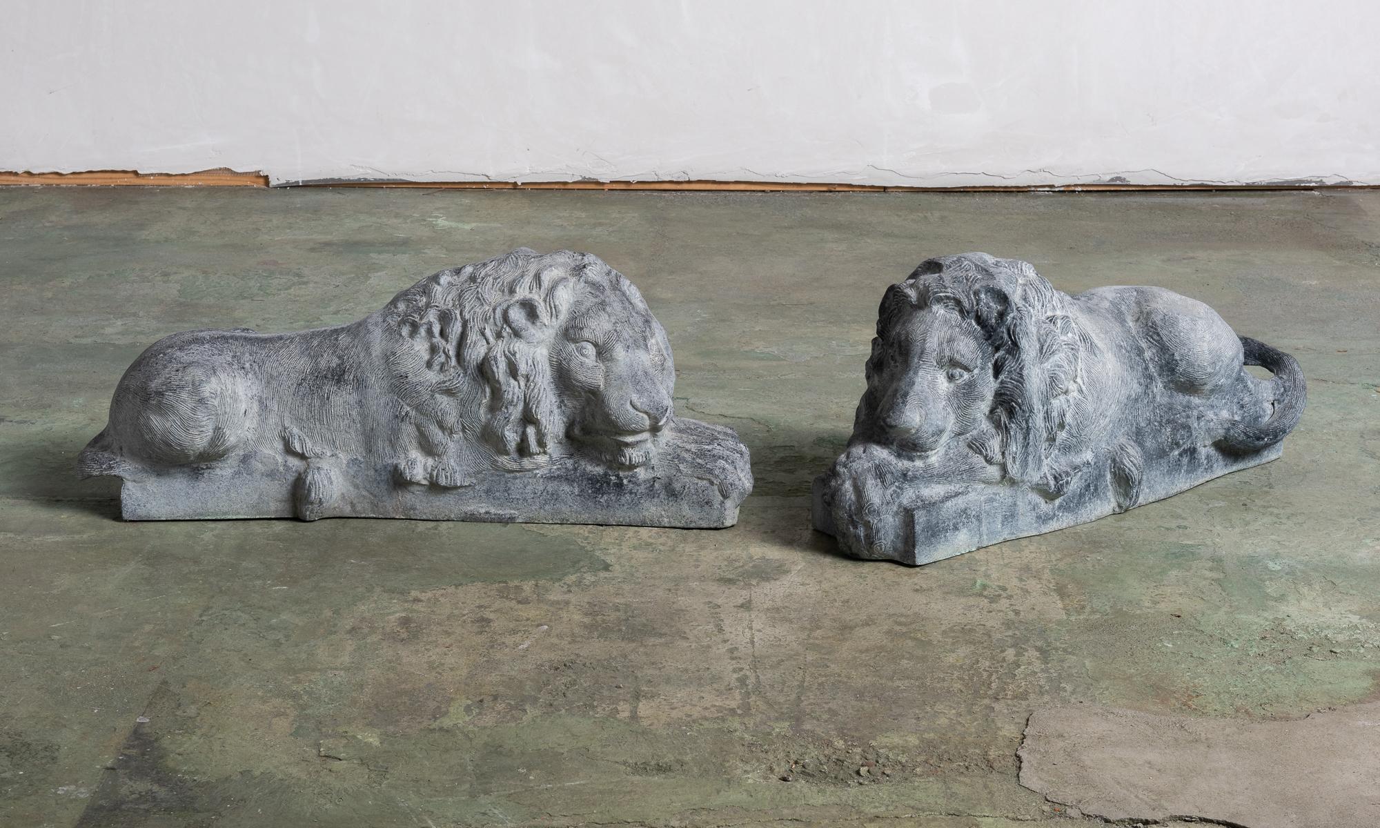 Pair of cast zinc garden lions, France, 20th century

Includes incredible textured detailing and amazing patina.

These pieces ship from Providence, Rhode Island.