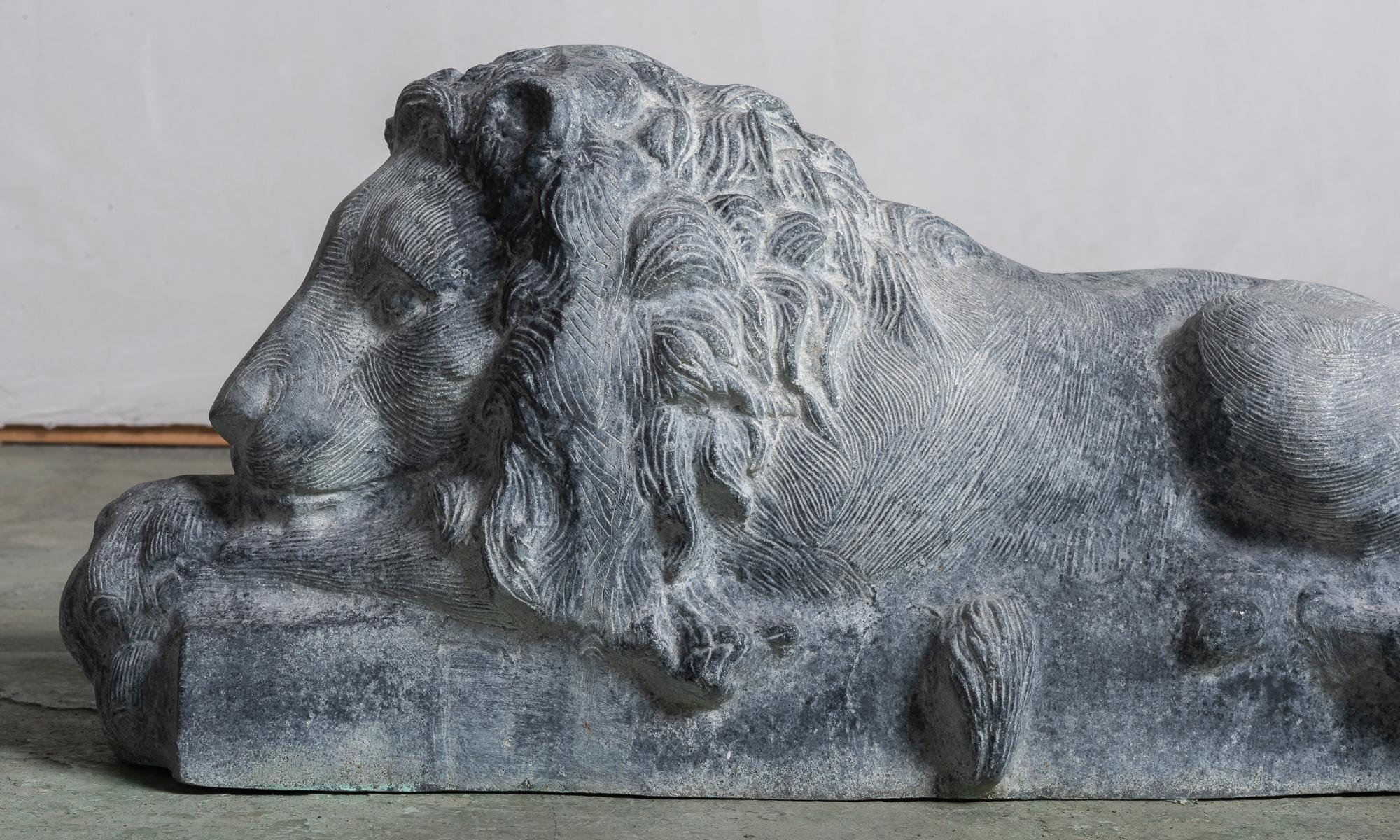 French Pair of Cast Zinc Garden Lions, France, 20th Century