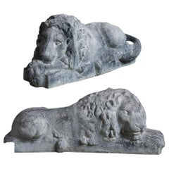 Pair of Cast Zinc Garden Lions, France, 20th Century