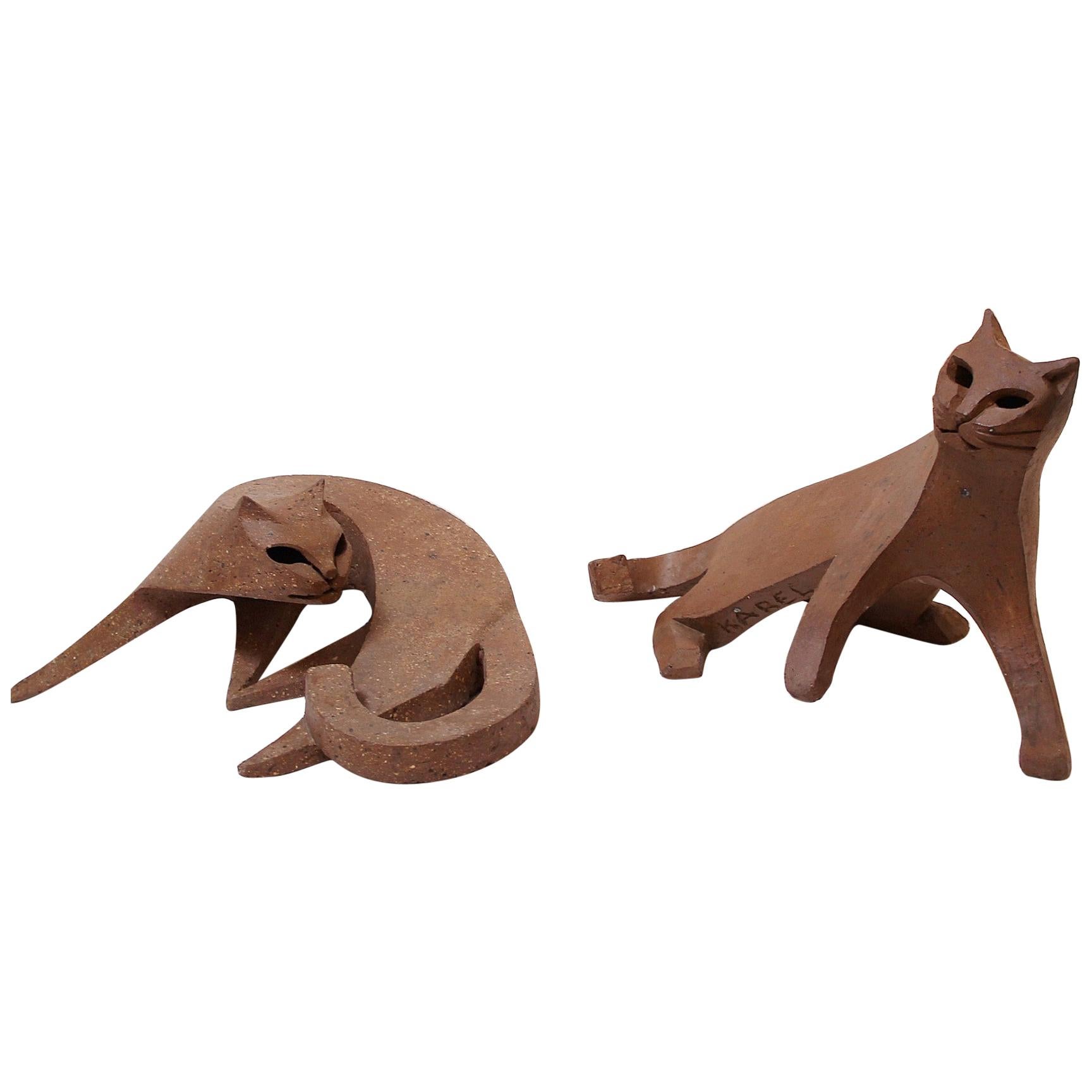 Pair of Cat Ceramic Sculpture by Karel Dupont, Belgium