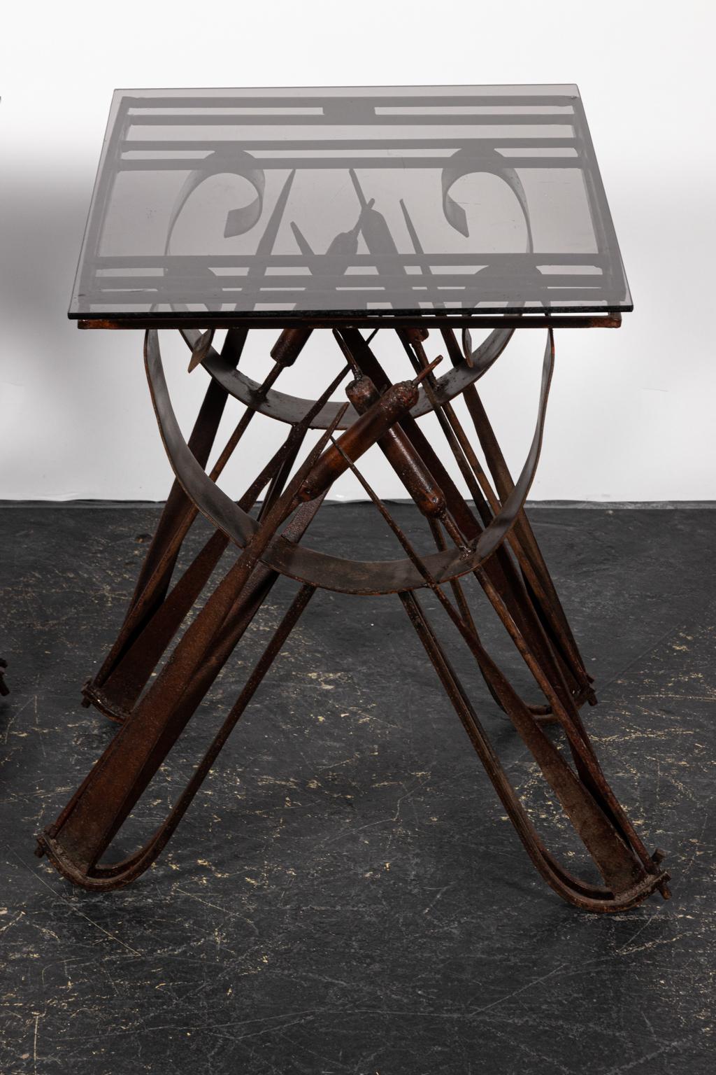 20th Century Pair of Cat Tail Iron Side Tables with Black Glass Tops