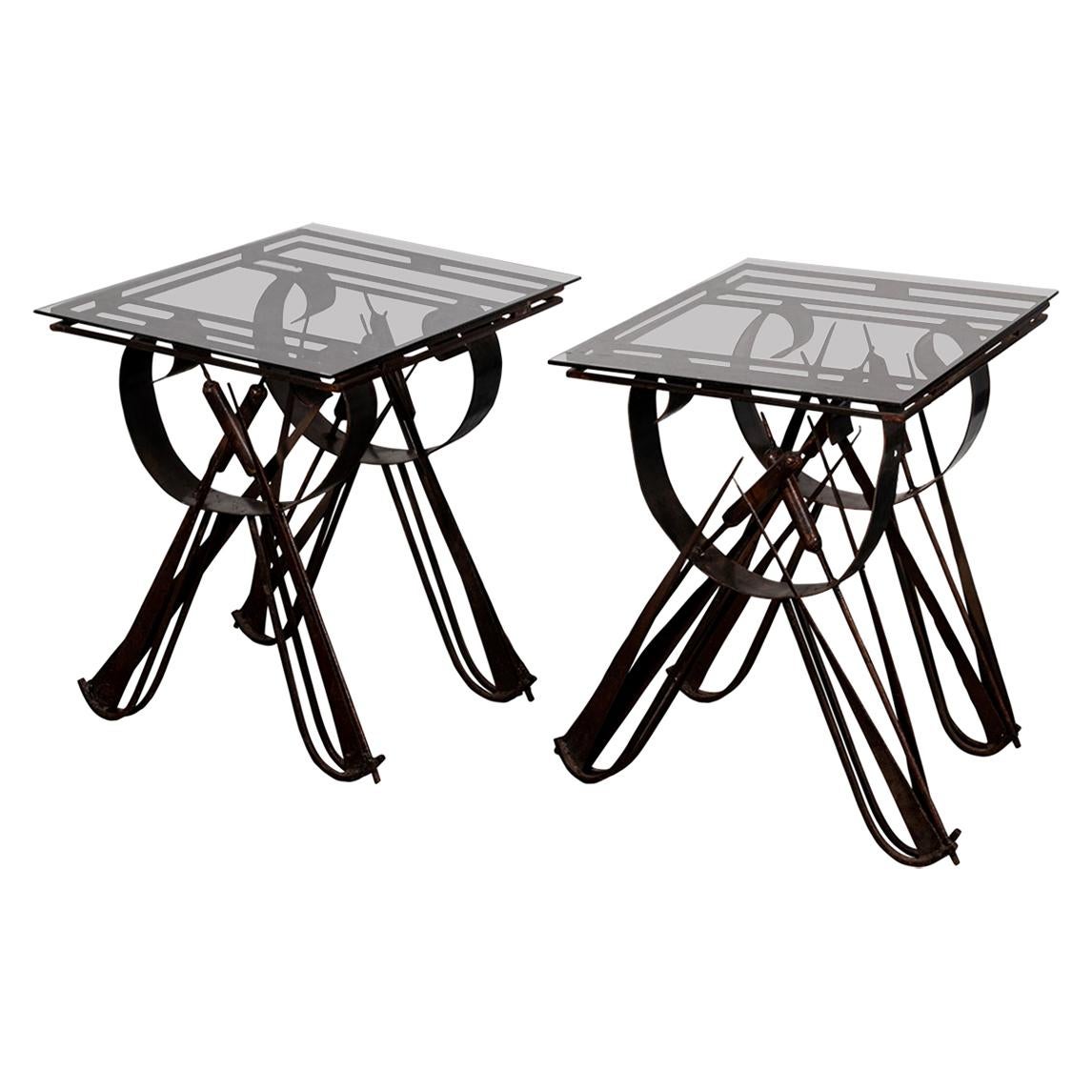 Pair of Cat Tail Iron Side Tables with Black Glass Tops