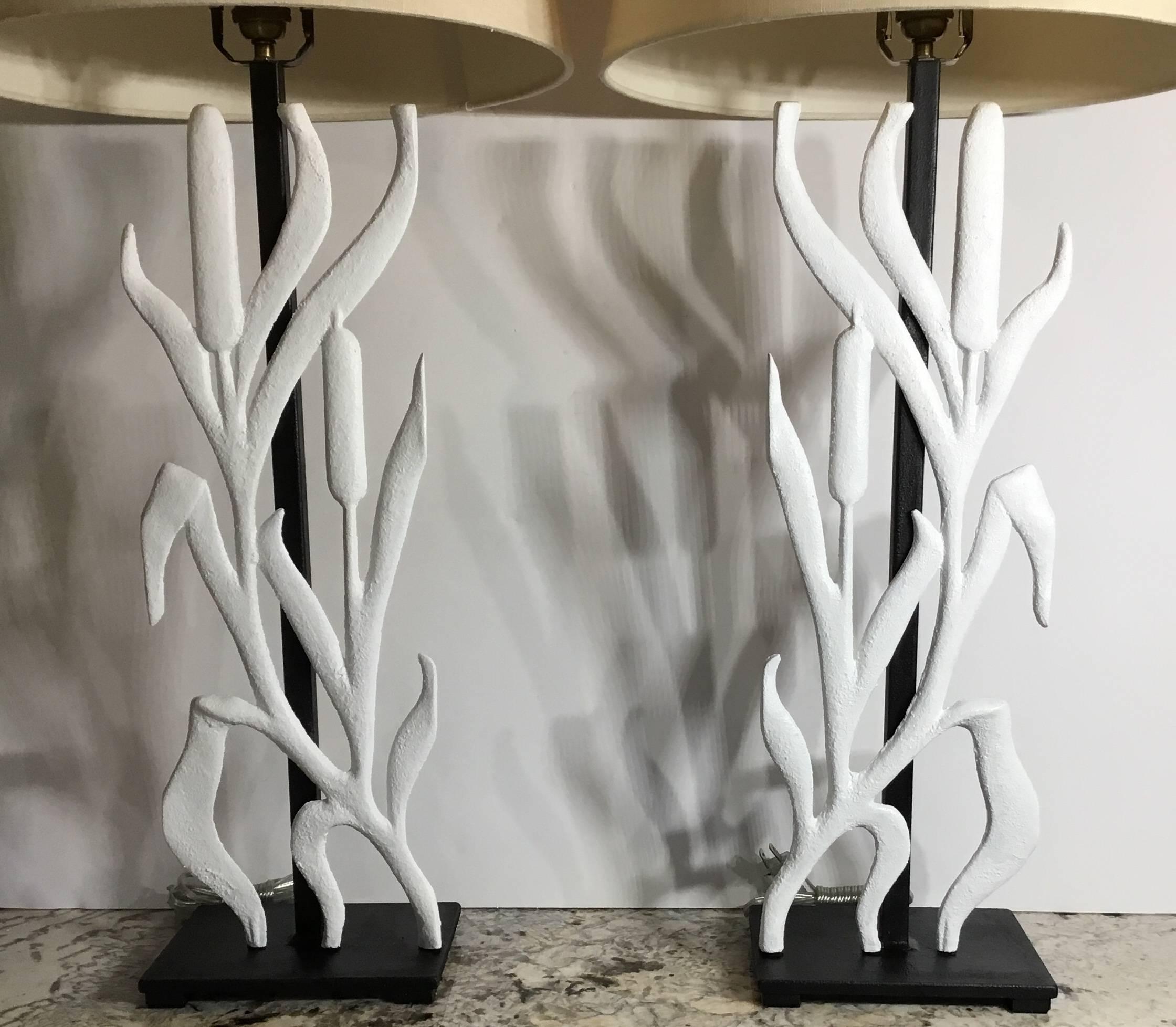 Elegant pair of table lamps made of cast iron cat tail motif hand-painted in flat white, professionally mounted on a custom-made steel base. Electrified and ready to light.
Great decorative pair for any room. Shades are not included. Measures: