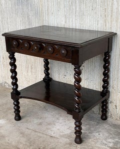 Pair of Catalan, Spanish Nightstands with Carved Bars, Drawer and Open Shelf