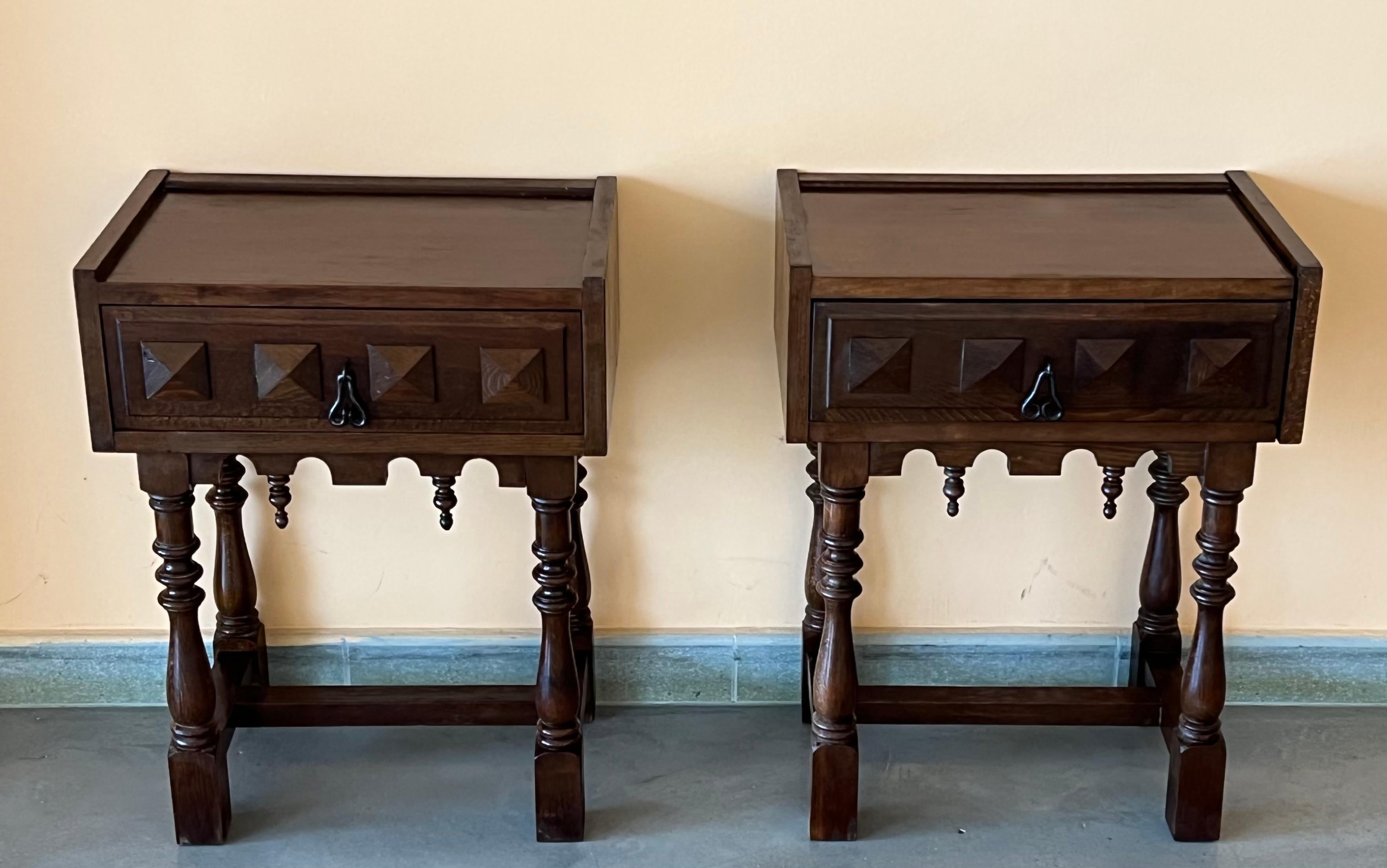 19th Century Pair of Catalan, Spanish Nightstands with Carved Bars, Drawer and Open Shelf