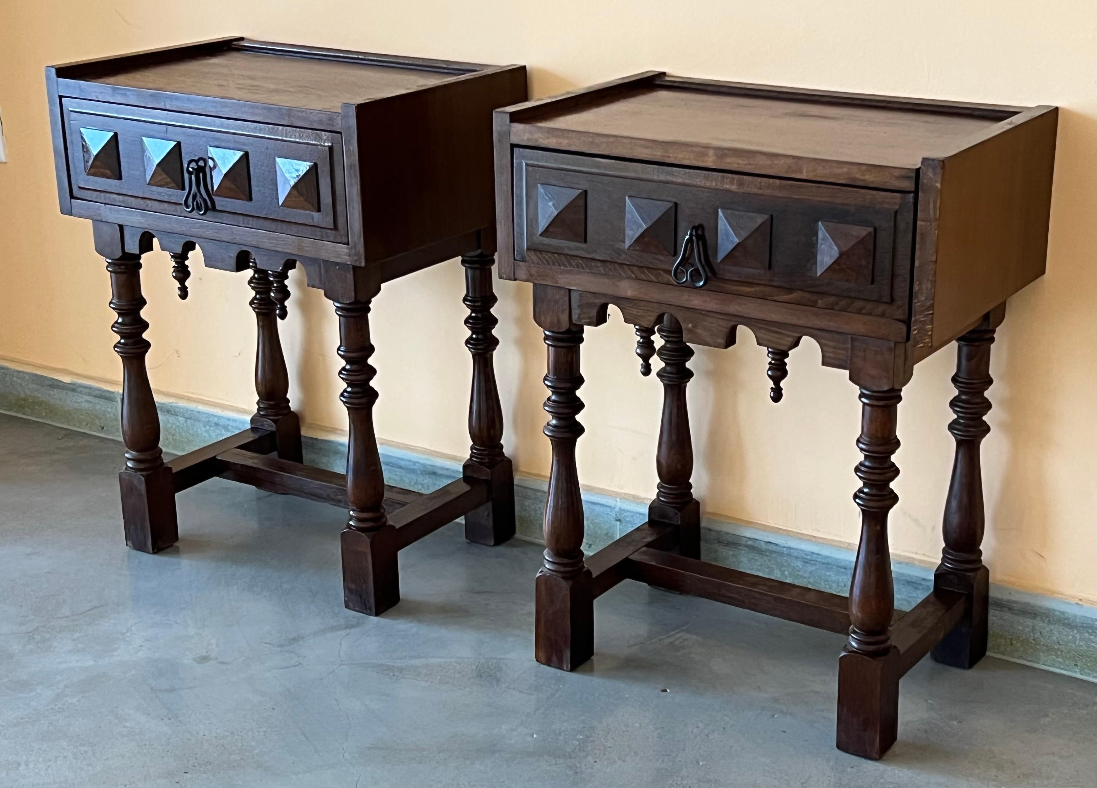Pair of Catalan, Spanish Nightstands with Carved Bars, Drawer and Open Shelf 2