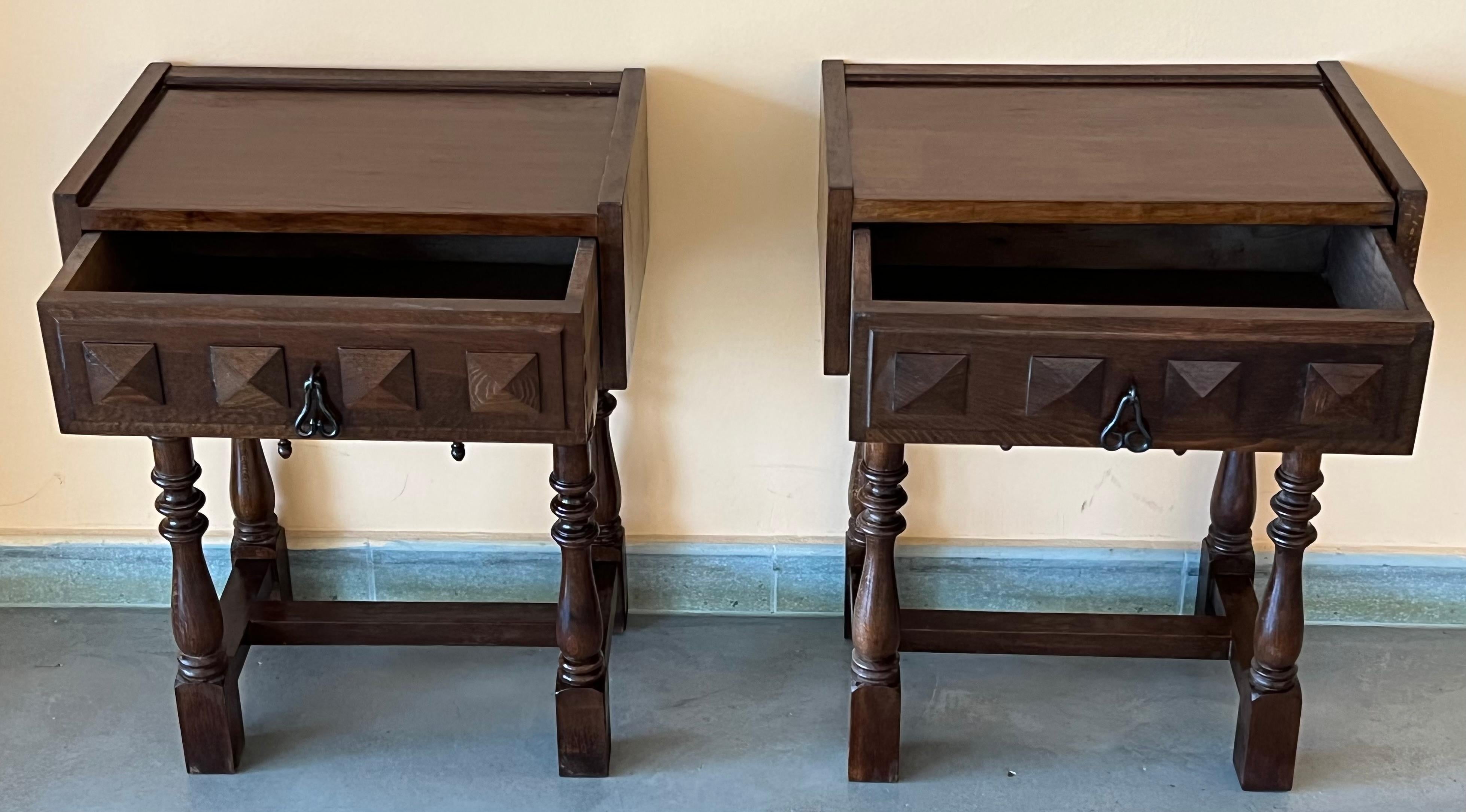 Pair of Catalan, Spanish Nightstands with Carved Bars, Drawer and Open Shelf 3