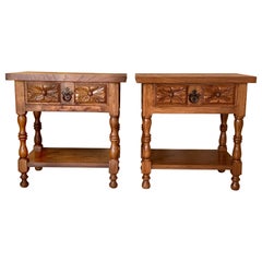 Pair of Catalan, Spanish Nightstands with Carved Bars, Drawer and Open Shelf