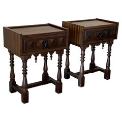 Pair of Catalan, Spanish Nightstands with Carved Bars, Drawer and Open Shelf