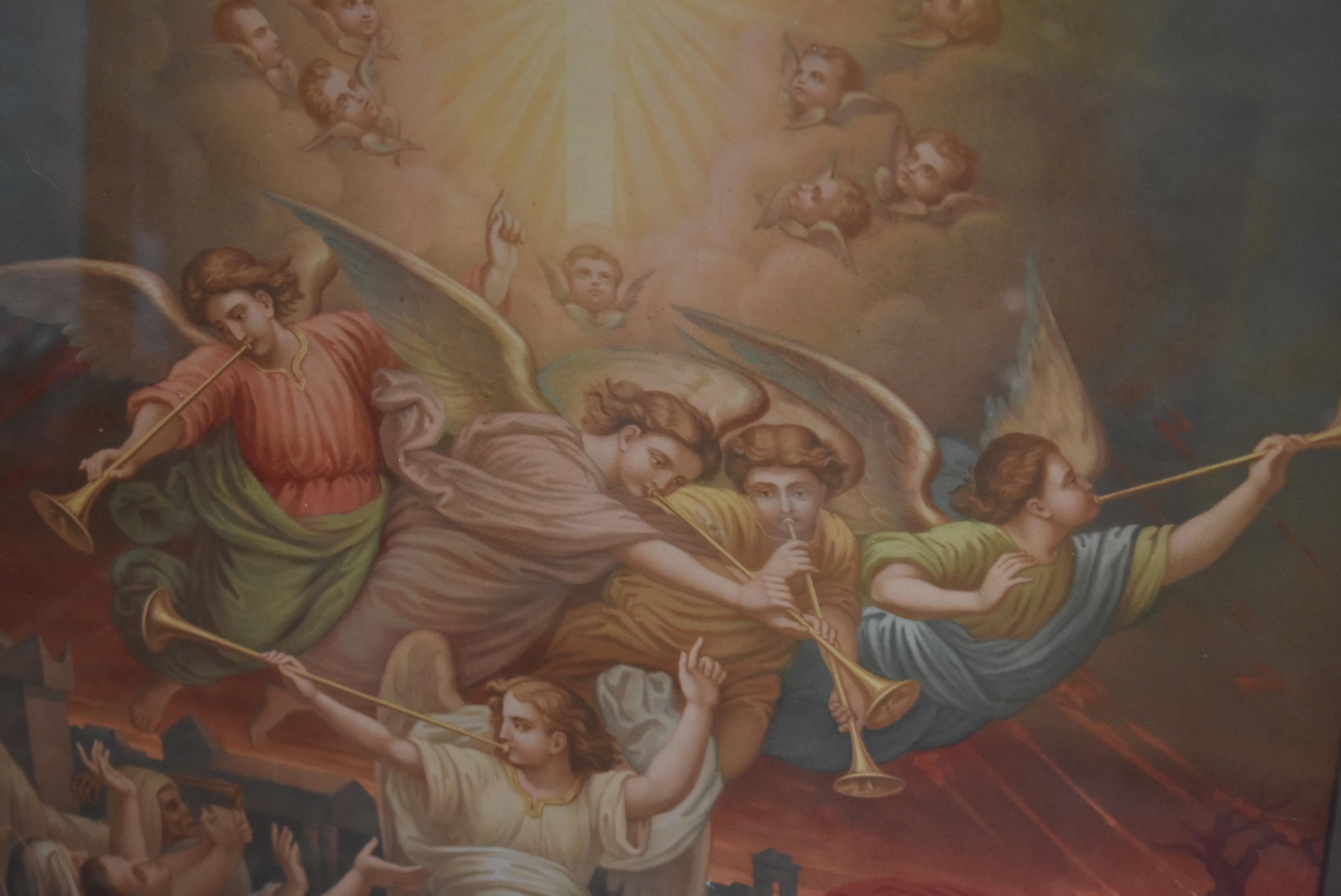 Paar religiöse Werke des Catechisme en Images in geschnitzten Holzrahmen (19. Jahrhundert) im Angebot