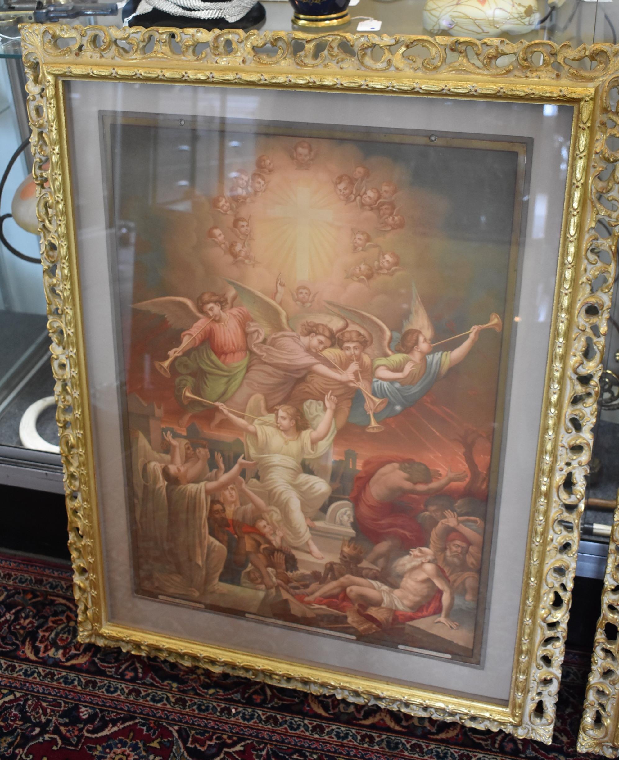 Paar religiöse Werke des Catechisme en Images in geschnitzten Holzrahmen (Papier) im Angebot