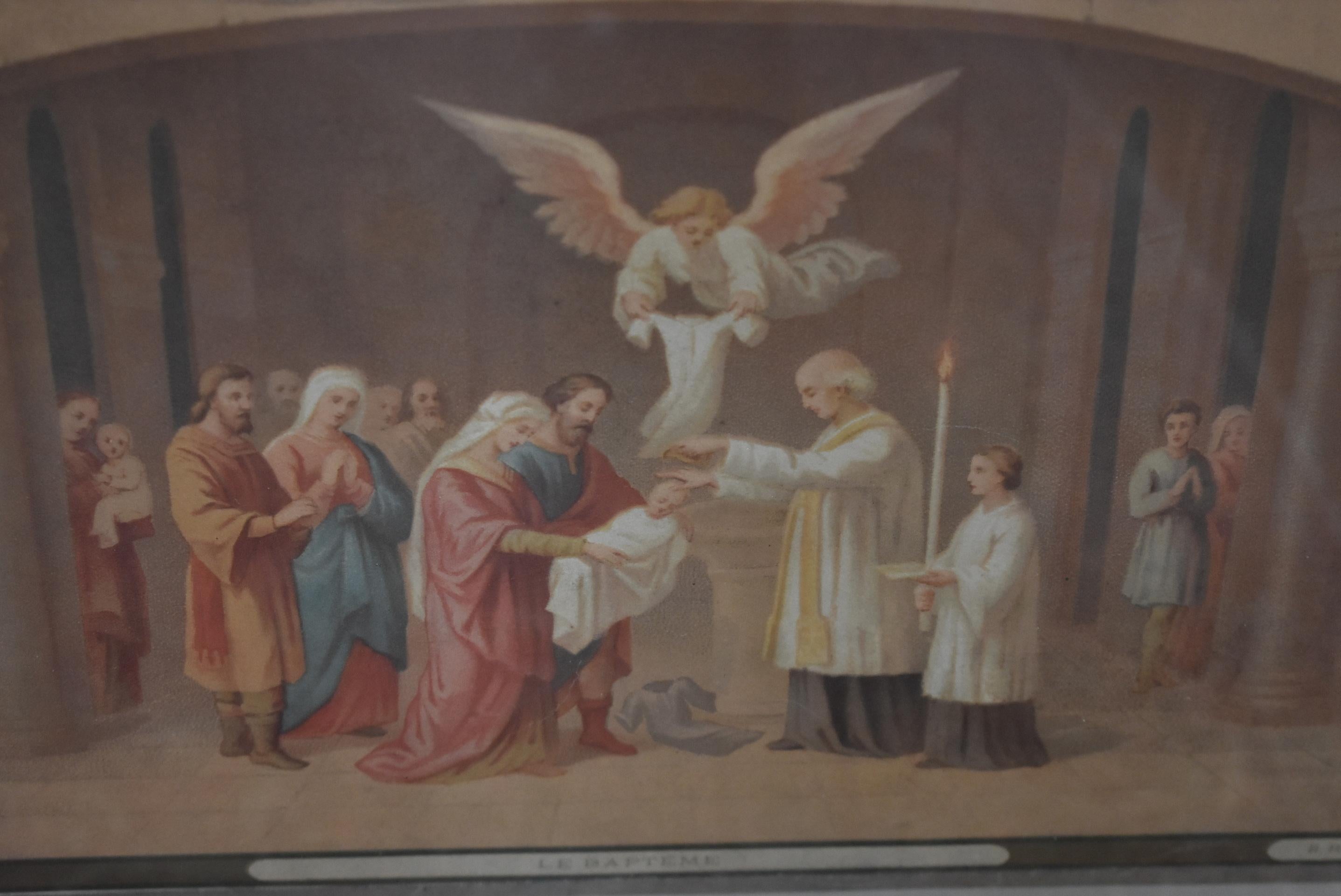 Paar religiöse Werke des Catechisme en Images in geschnitzten Holzrahmen im Angebot 2