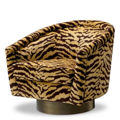 Pair of Catene Armchairs in Brown Tigris Fabric, a Swivel Base in Brushed Brass.