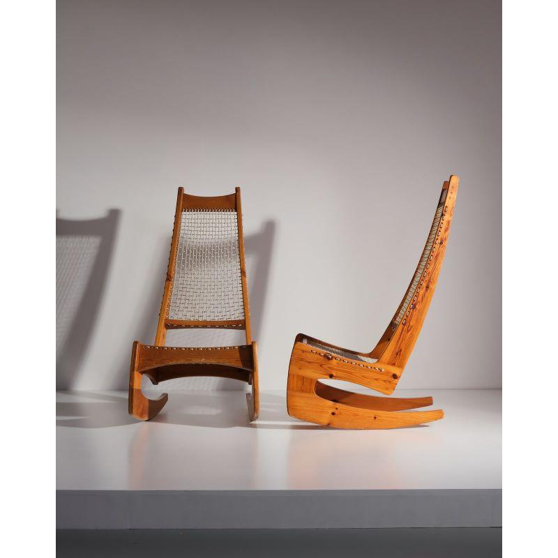 Pair of 'Caterpillar' rocking chairs in pine and rope by Jeremy Broun, c.1970s.

Dimension: W 56 x D 72 x H 112 cm.
   