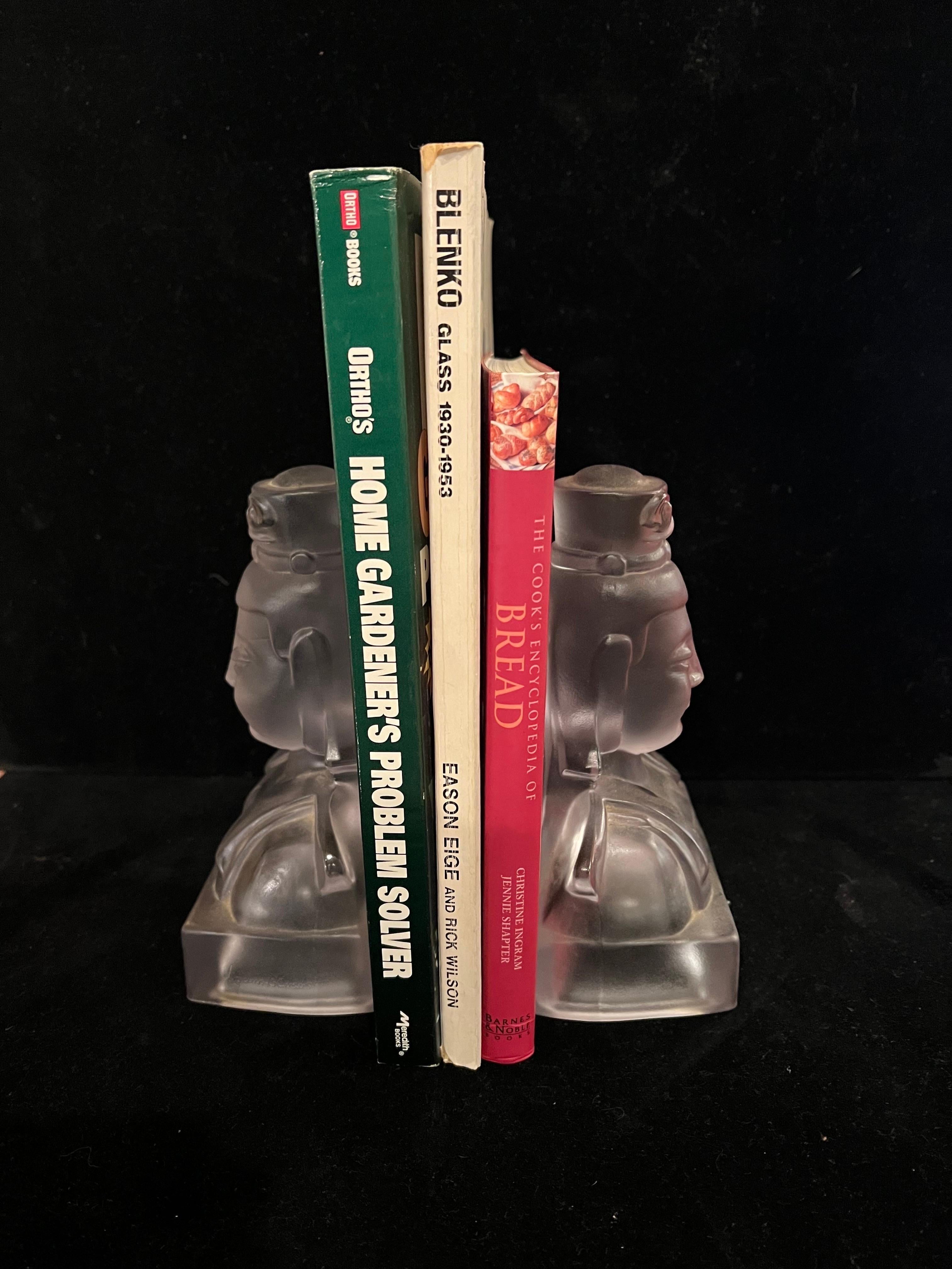 Hollywood Regency Pair of Cathay Frosted Lu Tung Imperial Glass Bookends For Sale