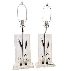 Pair of Cattail Lucite Lamps