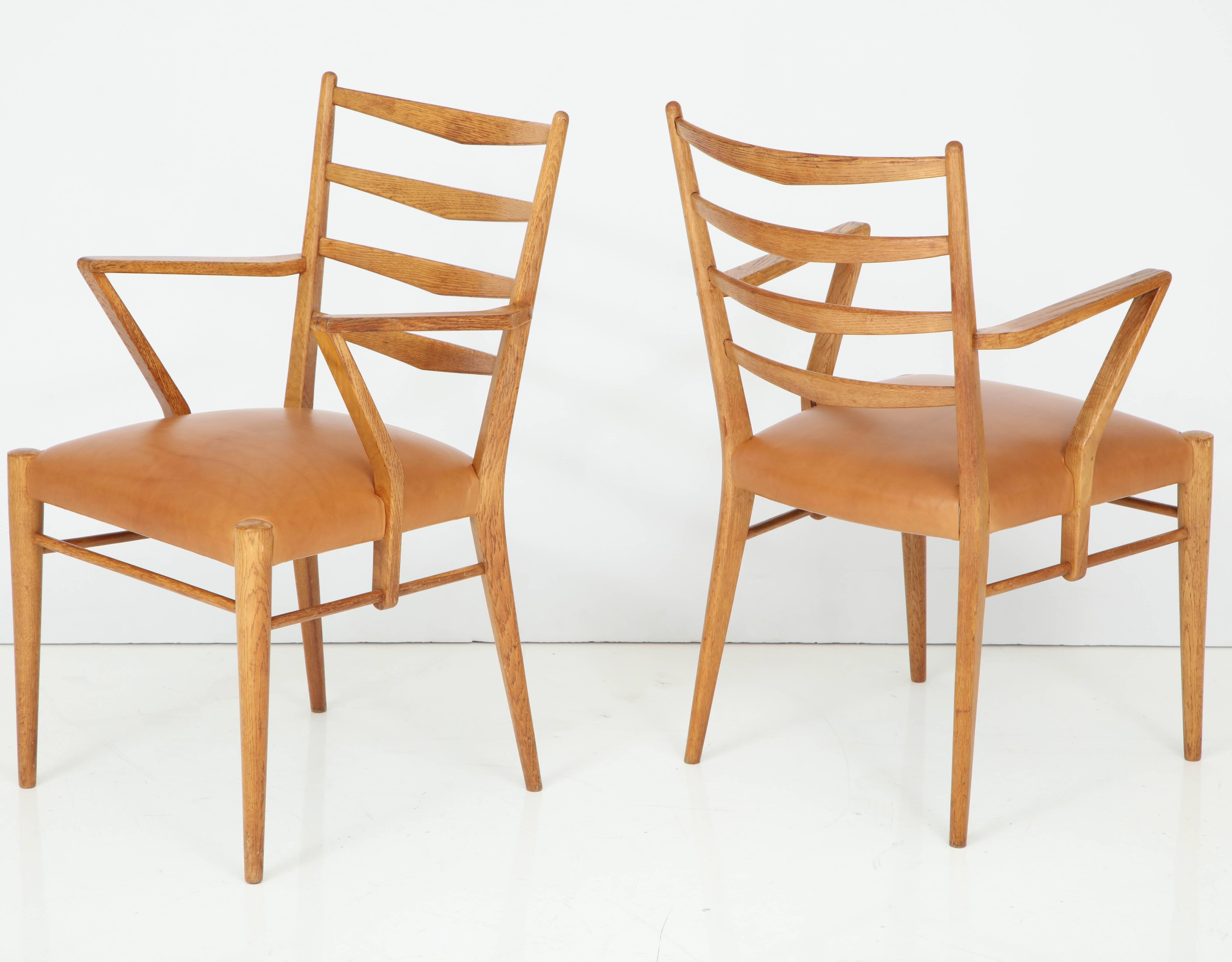 Mid-Century Modern Pair of Cees Braakman Oak and Leather Open Armchairs, circa 1950s