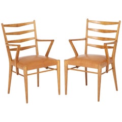 Pair of Cees Braakman Oak and Leather Open Armchairs, circa 1950s
