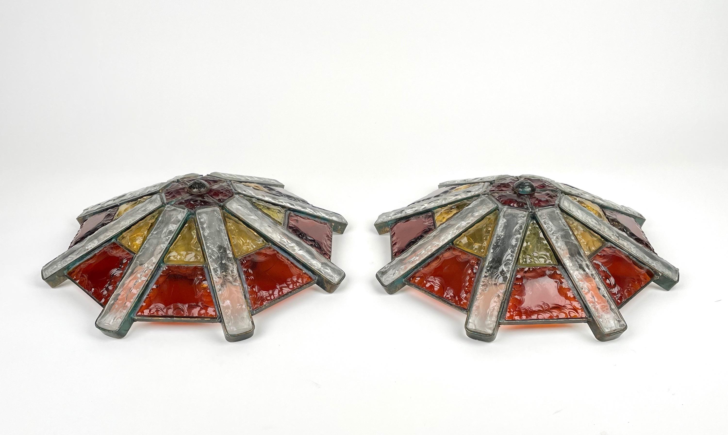 Mid-Century Modern Pair of Ceiling Lamp or Sconces Glass and Iron Attributed Poliarte, Italy, 1970s