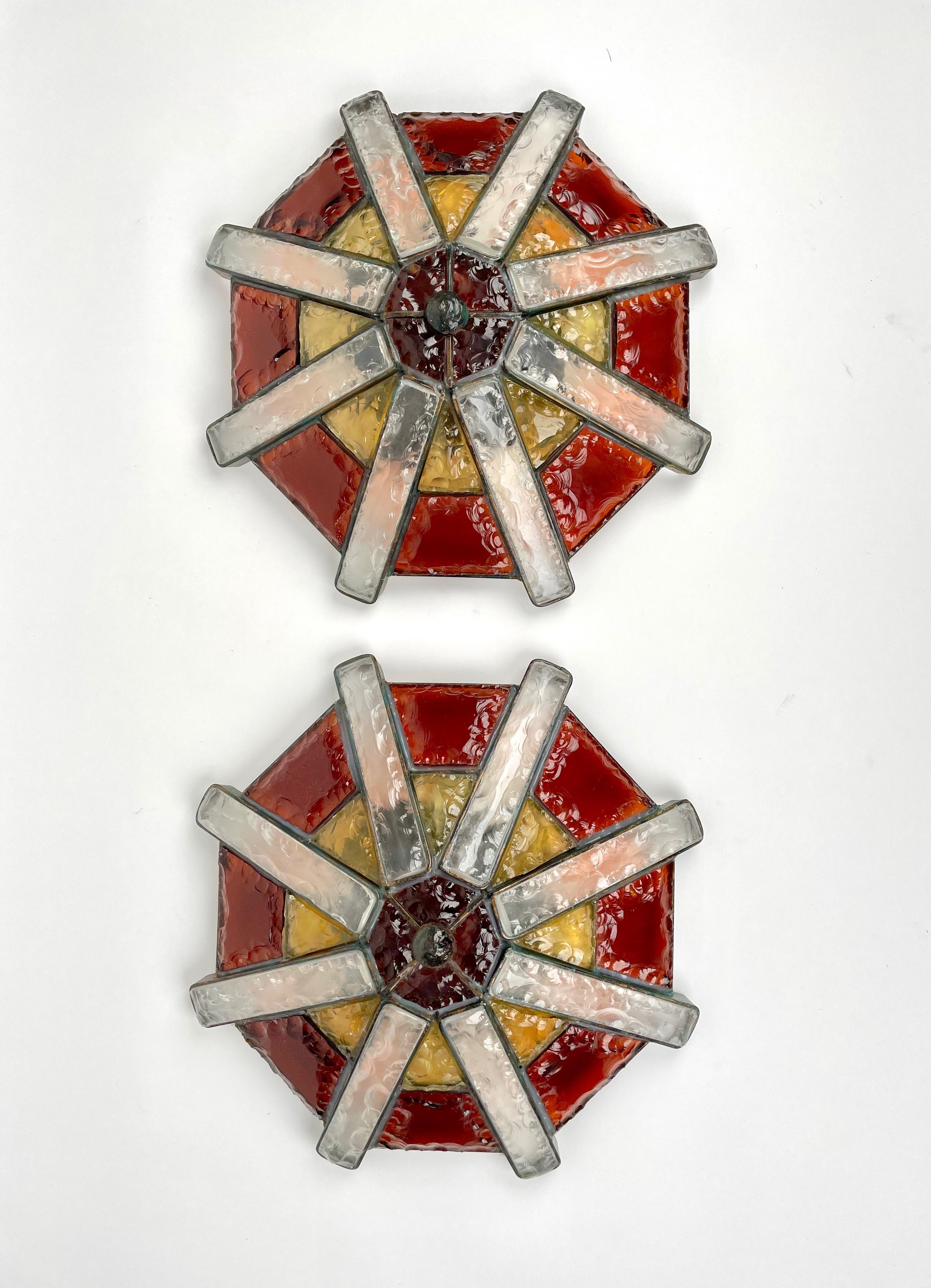 Italian Pair of Ceiling Lamp or Sconces Glass and Iron Attributed Poliarte, Italy, 1970s