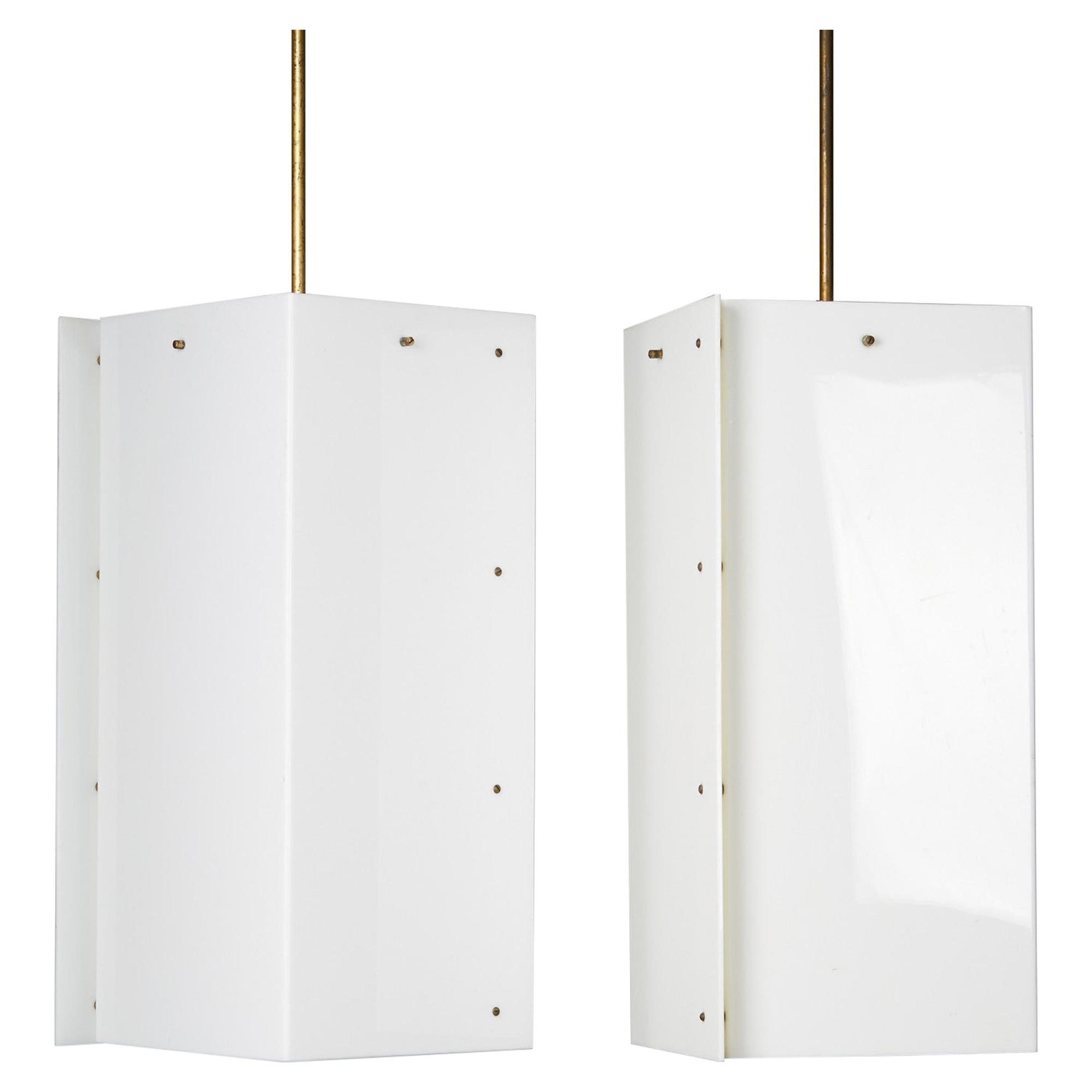 Pair of 1960s Danish Ceiling Lamps – Sculptural White Acrylic and Brass Pendants