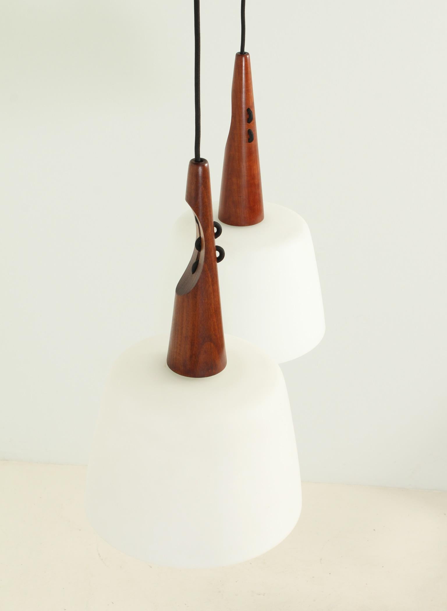 Pair of Ceiling Lamps in Teak and Opaline Glass, Sweden, 1960's For Sale 1