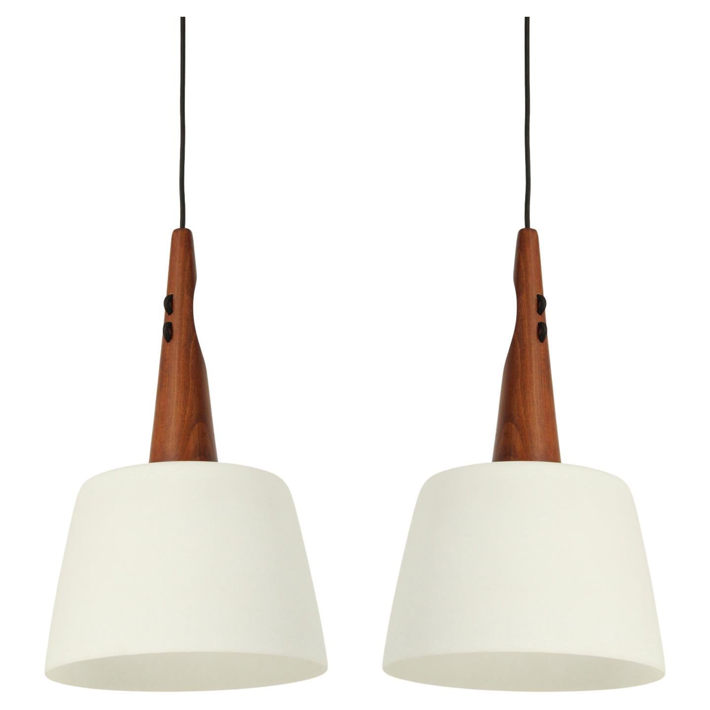 Pair of Ceiling Lamps in Teak and Opaline Glass, Sweden, 1960's