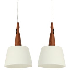Pair of Ceiling Lamps in Teak and Opaline Glass, Sweden, 1960's