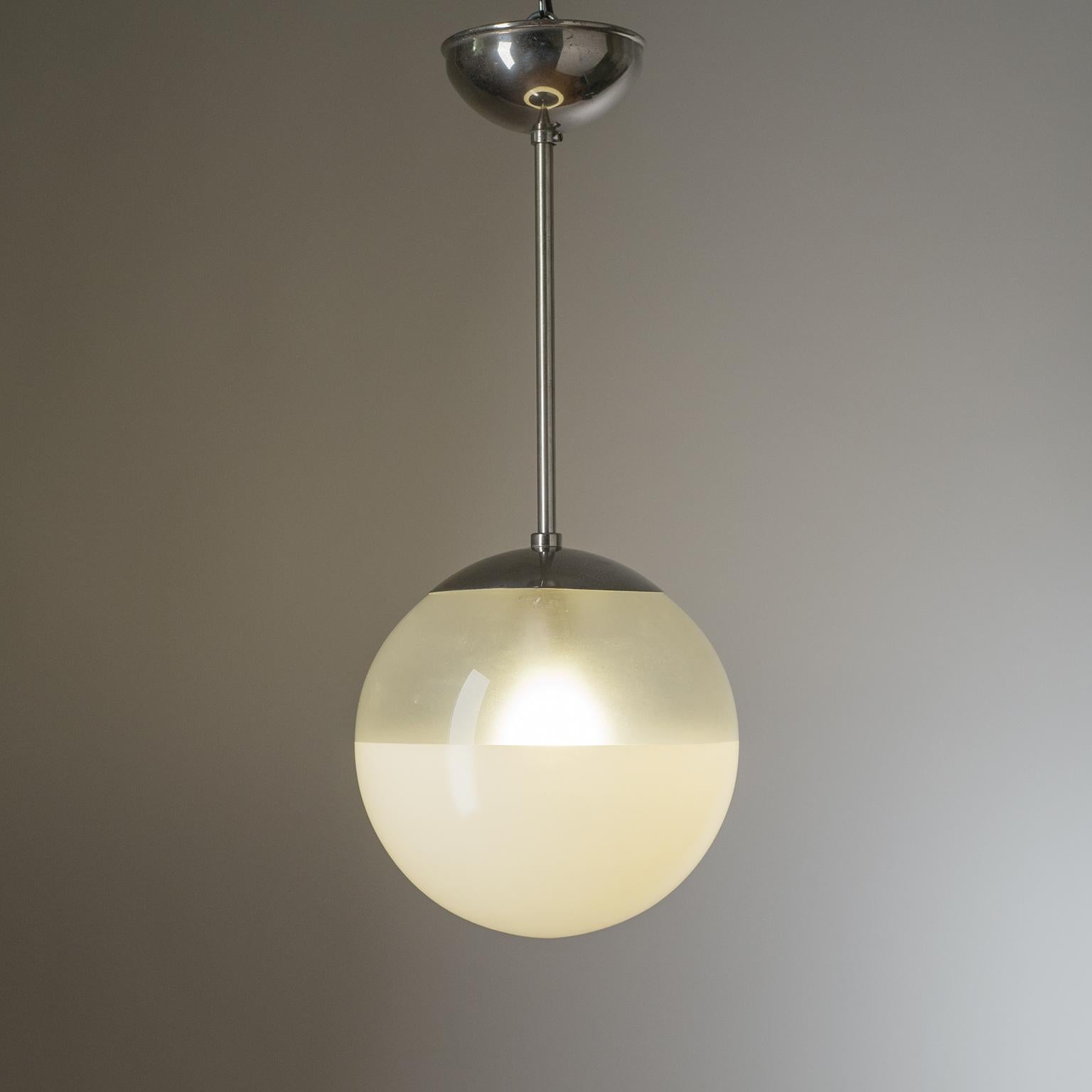 Industrial Pair of Ceiling Lights by Philips, circa 1930, Nickel and Enameled Glass For Sale