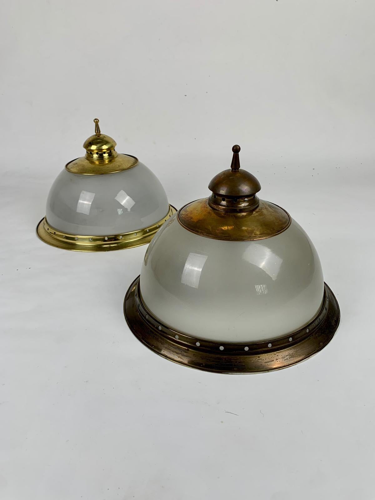 Pair of ceiling lights Mezzo Lampione glass and brass by Luigi Caccia Dominioni for Azucena, Italy, 1950s

Ceiling lamp with brass frame and glass shade, model Mezzo Lampione produced by Azucena in 1965.

Good condition,  signs of time.
Write to us