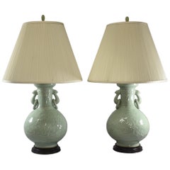 Pair of Celadon Antique Porcelain Asian Lamps, Wood Base, Floral Designs