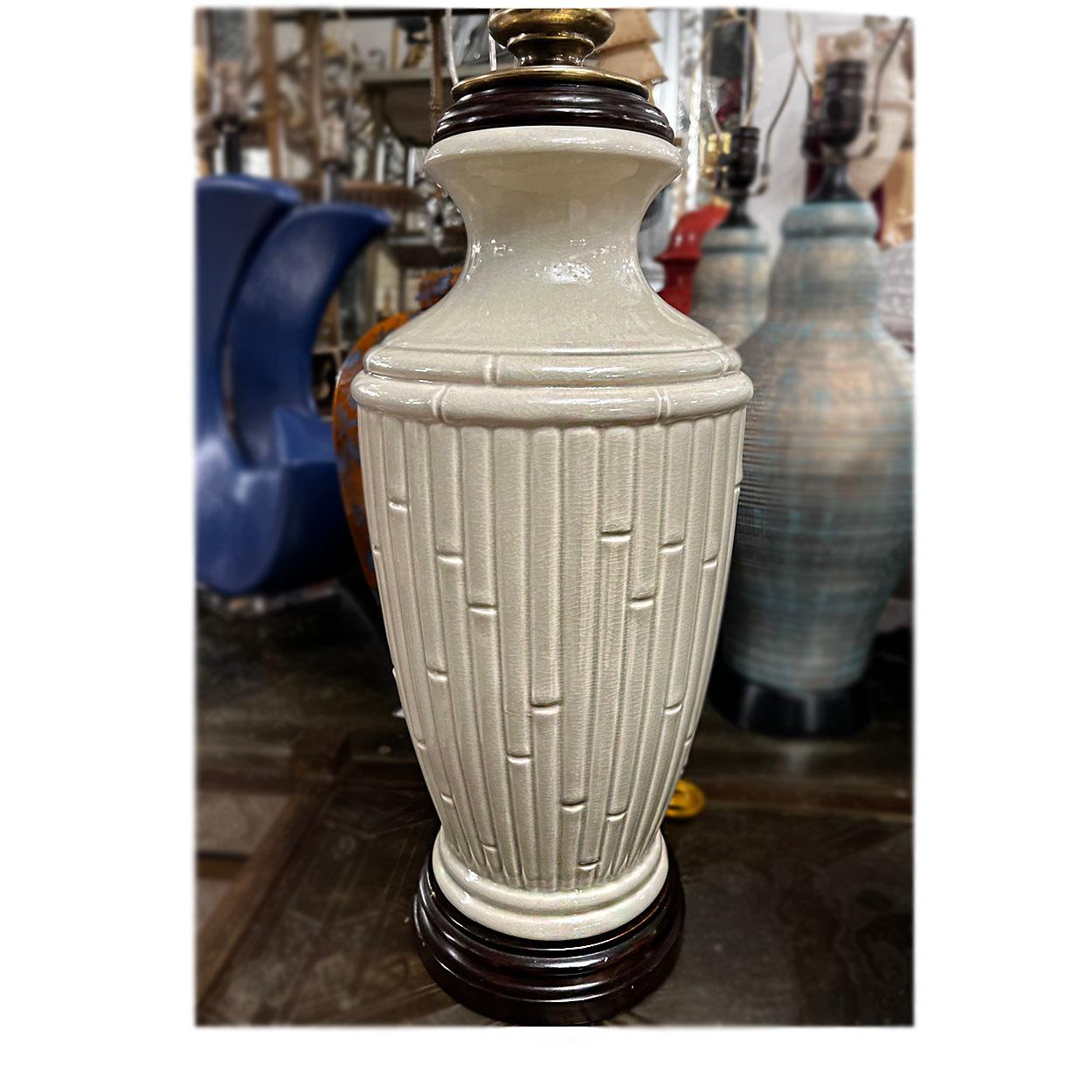 French Pair of Celadon Bamboo Motif Lamps For Sale