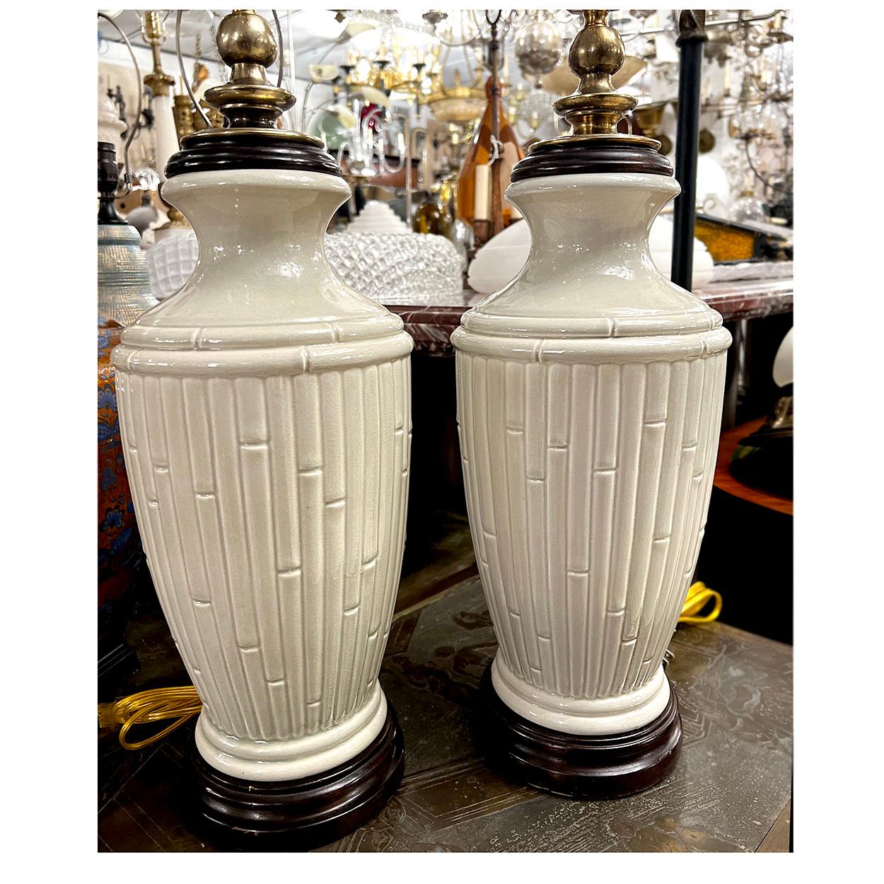 Porcelain Pair of Celadon Bamboo Motif Lamps For Sale
