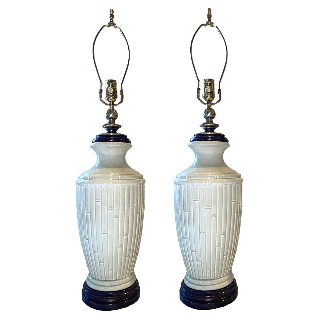 Pair of Celadon Bamboo Motif Lamps For Sale