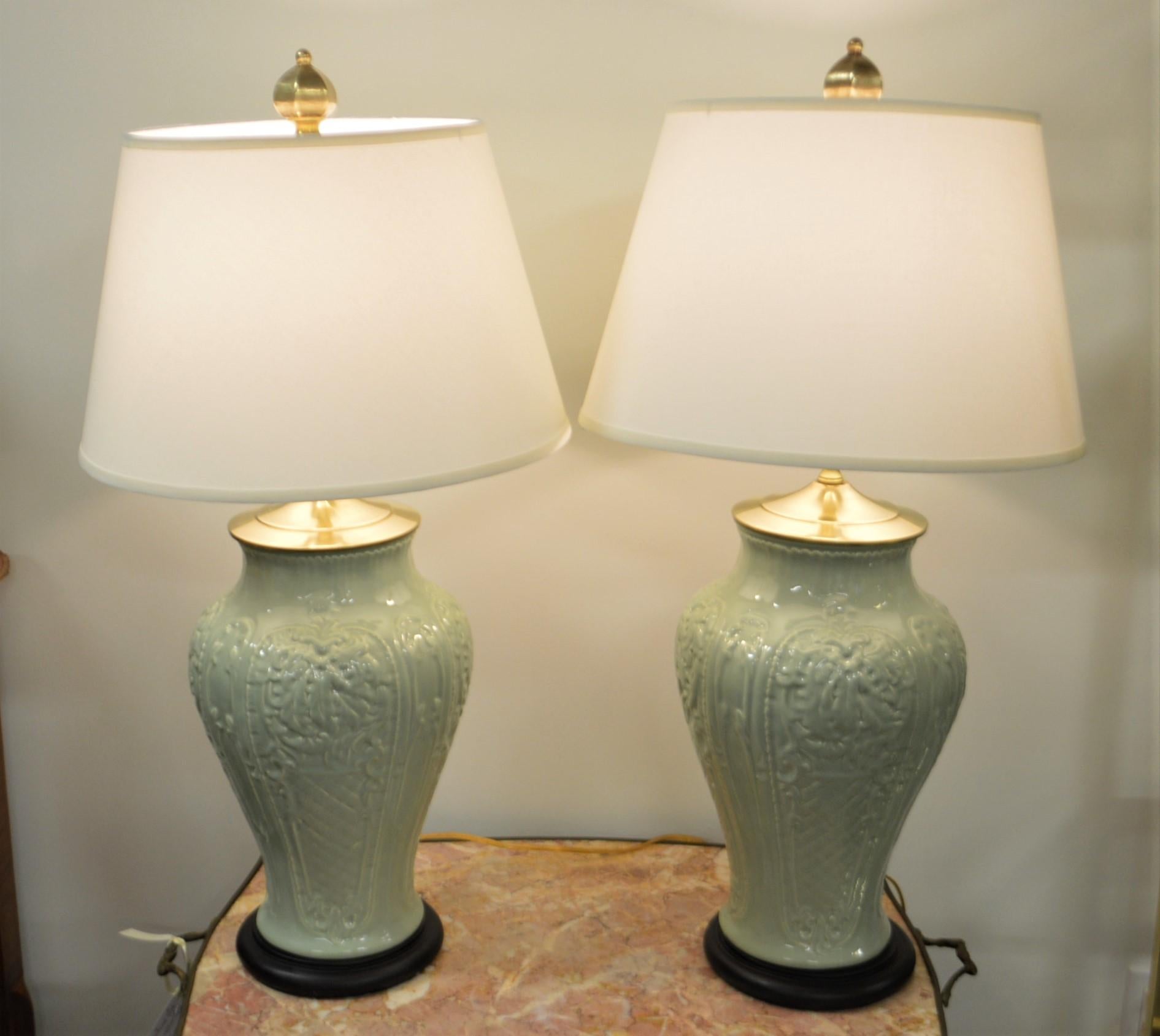 Pair of Celadon Ceramic Lamps, New Off White Linen Shades For Sale 3
